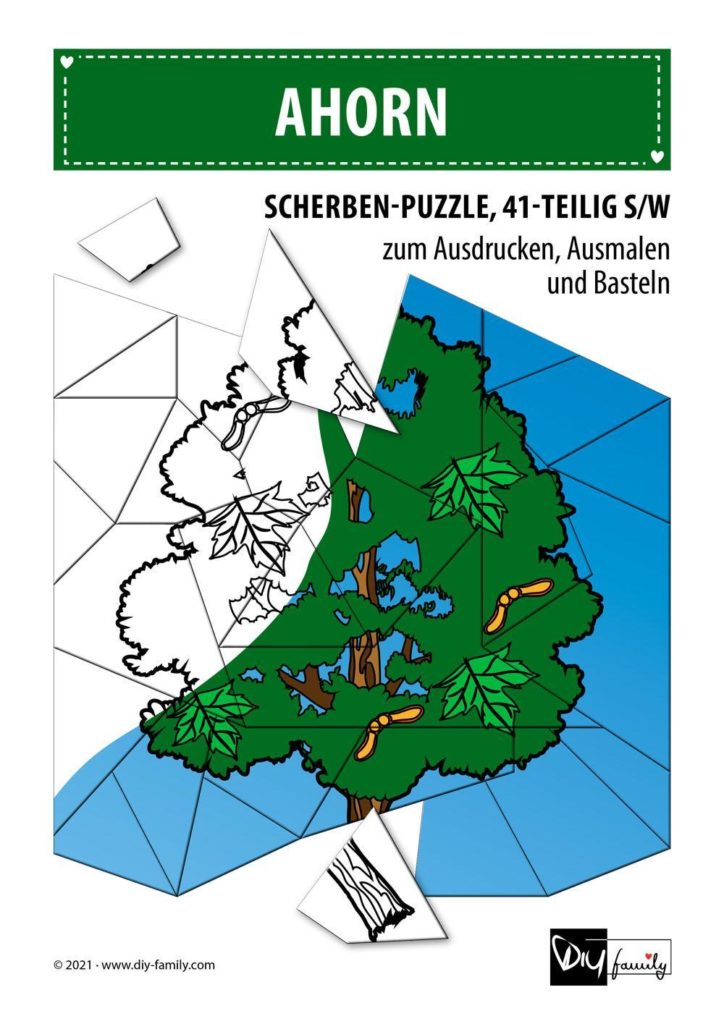Ahorn – Scherben-Puzzle zum Ausdrucken, Ausschneiden und Ausmalen