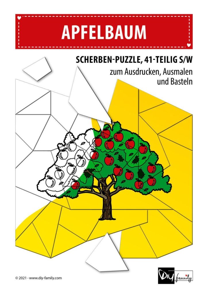 Apfelbaum – Scherben-Puzzle zum Ausdrucken, Ausschneiden und Ausmalen
