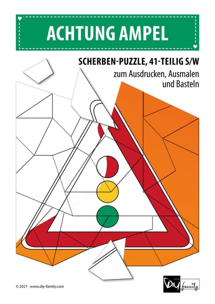Achtung Ampel – Scherben-Puzzle zum Ausdrucken, Ausschneiden und Ausmalen