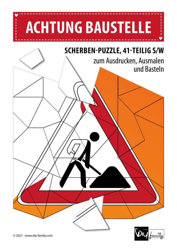 Achtung Baustelle – Scherben-Puzzle zum Ausdrucken, Ausschneiden und Ausmalen