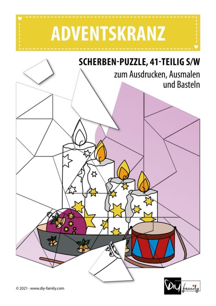 Adventskranz – Scherben-Puzzle zum Ausdrucken, Ausschneiden und Ausmalen
