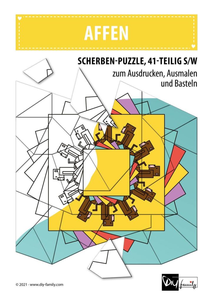 Affen – Scherben-Puzzle zum Ausdrucken, Ausschneiden und Ausmalen
