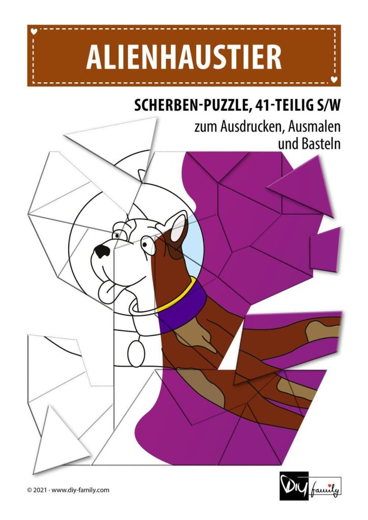 Alienhaustier – Scherben-Puzzle zum Ausdrucken, Ausschneiden und Ausmalen
