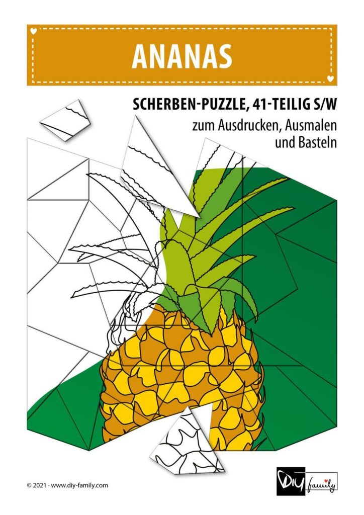 Ananas – Scherben-Puzzle zum Ausdrucken, Ausschneiden und Ausmalen