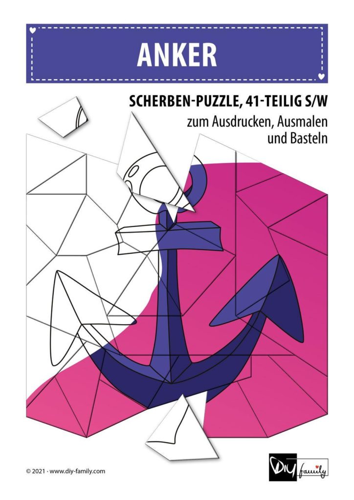 Anker – Scherben-Puzzle zum Ausdrucken, Ausschneiden und Ausmalen