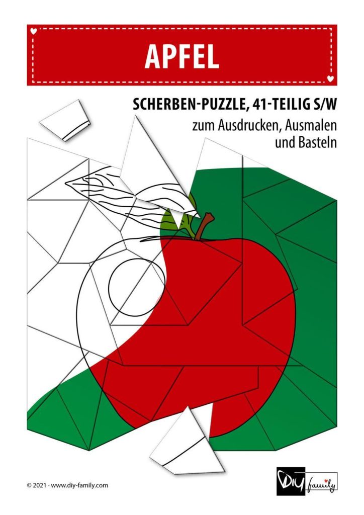 Apfel – Scherben-Puzzle zum Ausdrucken, Ausschneiden und Ausmalen
