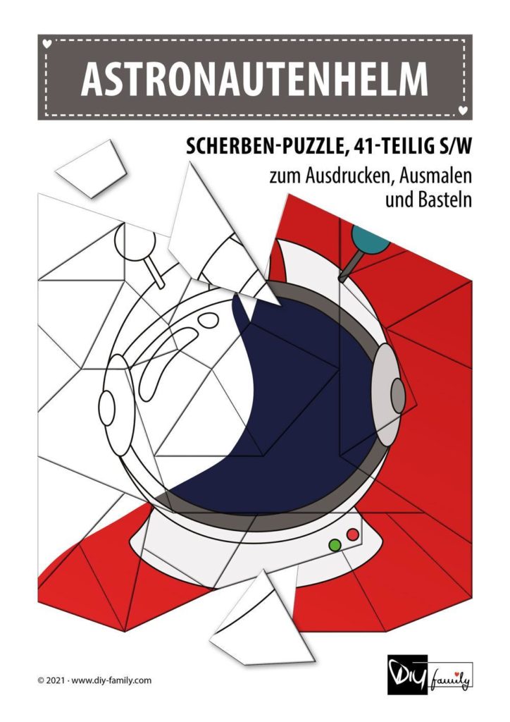 Astronautenhelm – Scherben-Puzzle zum Ausdrucken, Ausschneiden und Ausmalen