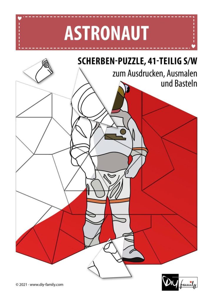 Astronaut – Scherben-Puzzle zum Ausdrucken, Ausschneiden und Ausmalen