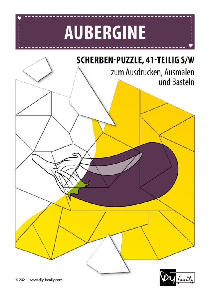 Aubergine – Scherben-Puzzle zum Ausdrucken, Ausschneiden und Ausmalen