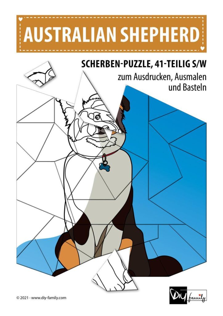 Australian Shepherd – Scherben-Puzzle zum Ausdrucken, Ausschneiden und Ausmalen