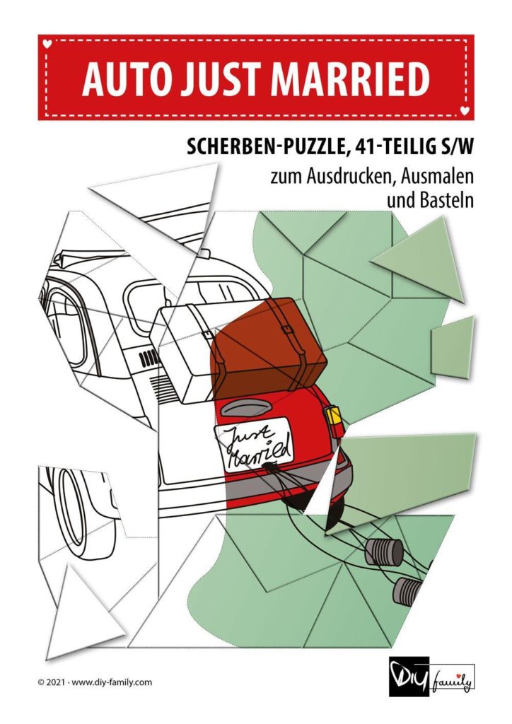 Auto Just Married – Scherben-Puzzle zum Ausdrucken, Ausschneiden und Ausmalen