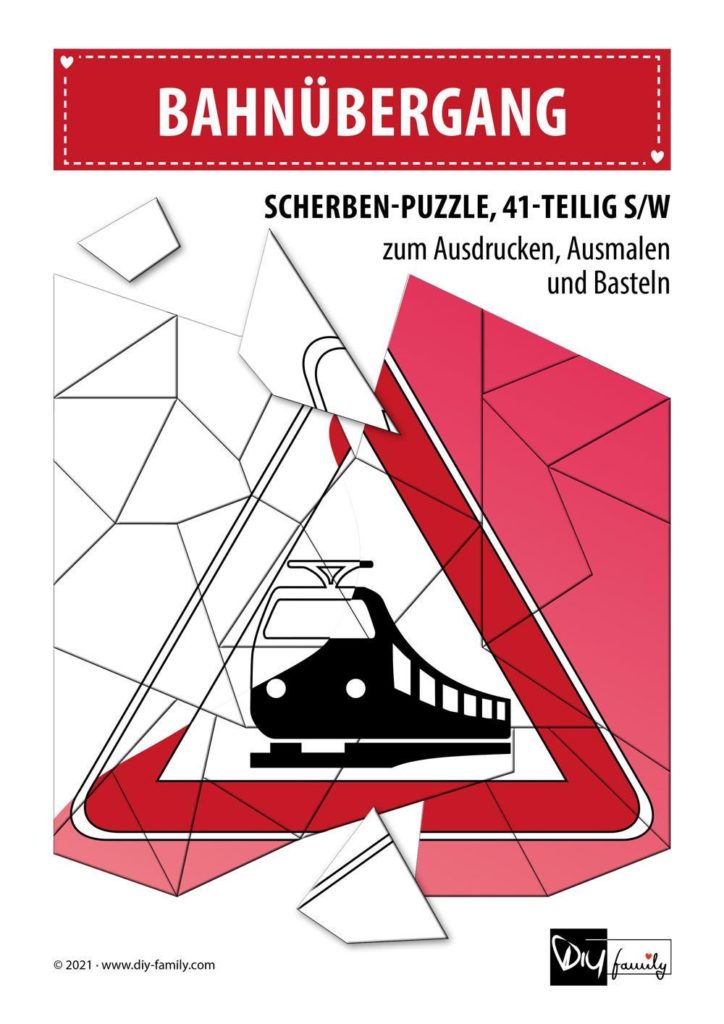 Bahnübergang – Scherben-Puzzle zum Ausdrucken, Ausschneiden und Ausmalen