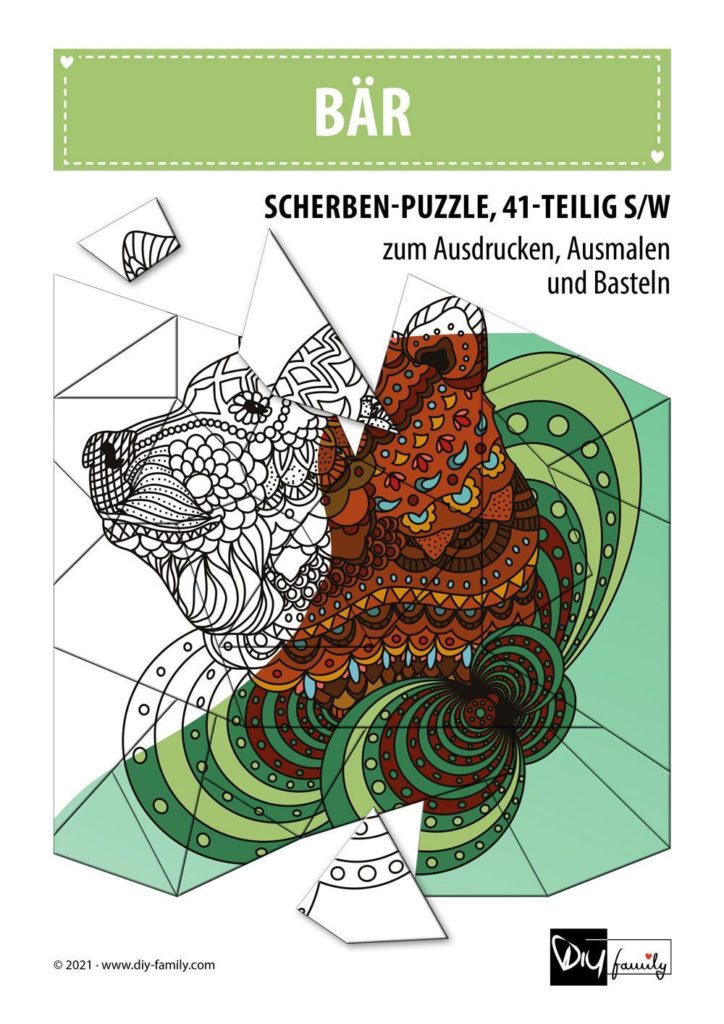 Bär – Scherben-Puzzle zum Ausdrucken, Ausschneiden und Ausmalen