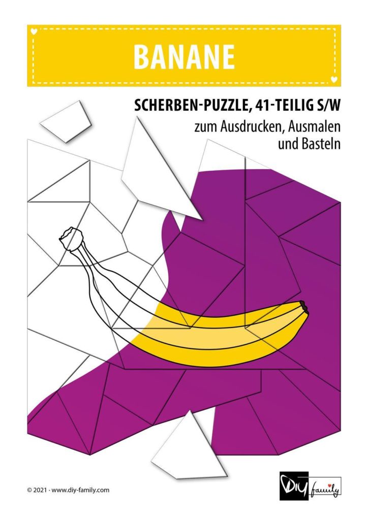 Banane – Scherben-Puzzle zum Ausdrucken, Ausschneiden und Ausmalen