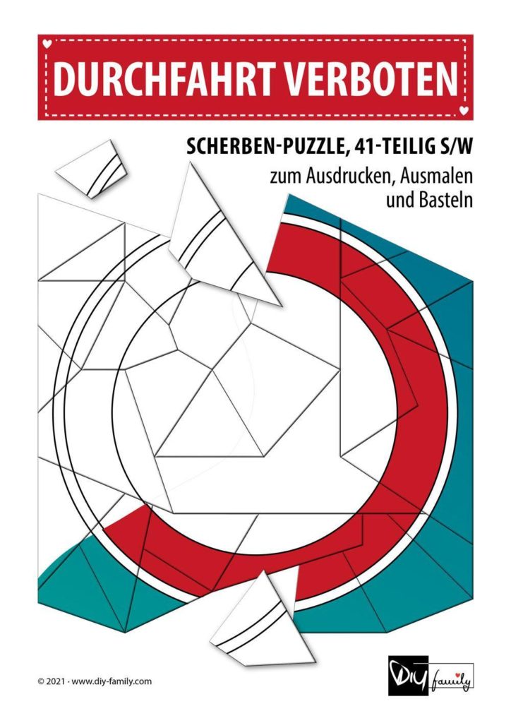 Durchfahrt verboten – Scherben-Puzzle zum Ausdrucken, Ausschneiden und Ausmalen