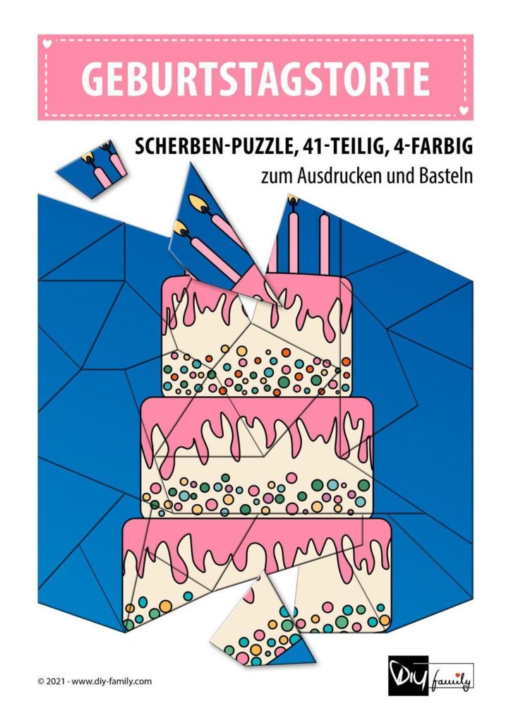 Geburtstagstorte – Scherben-Puzzle zum Ausdrucken und Ausschneiden