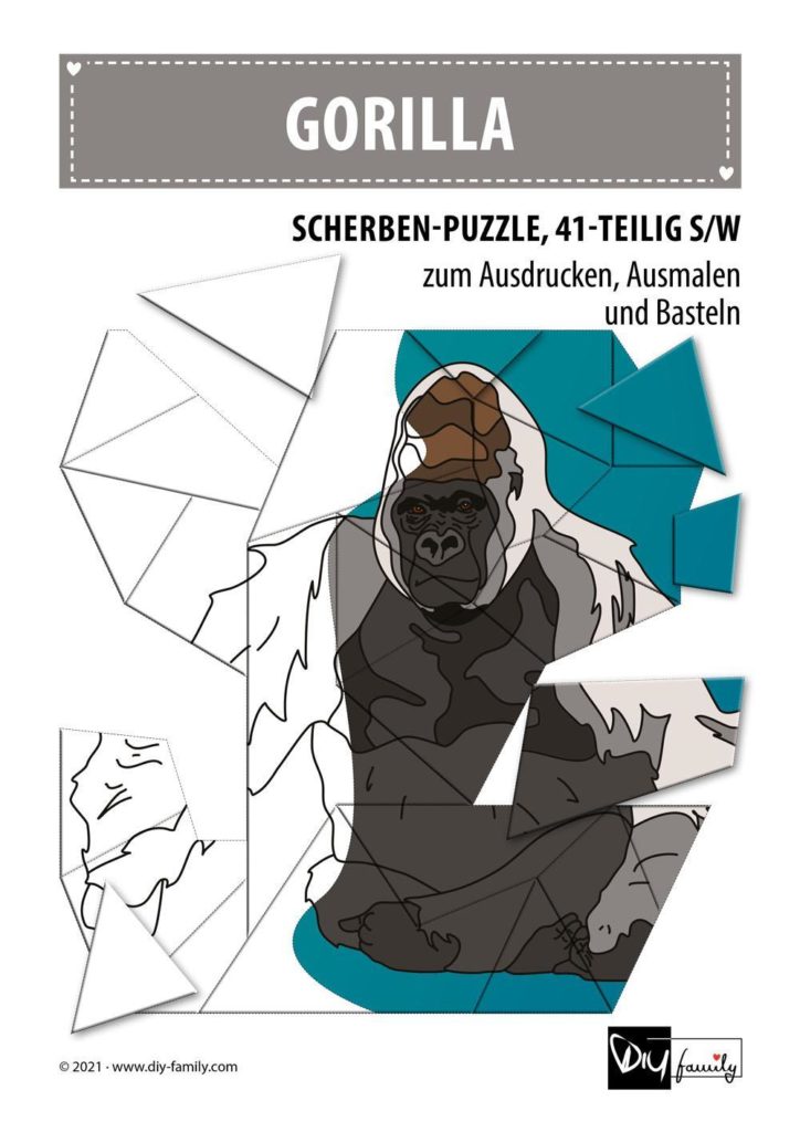Gorilla – Scherben-Puzzle zum Ausdrucken, Ausschneiden und Ausmalen