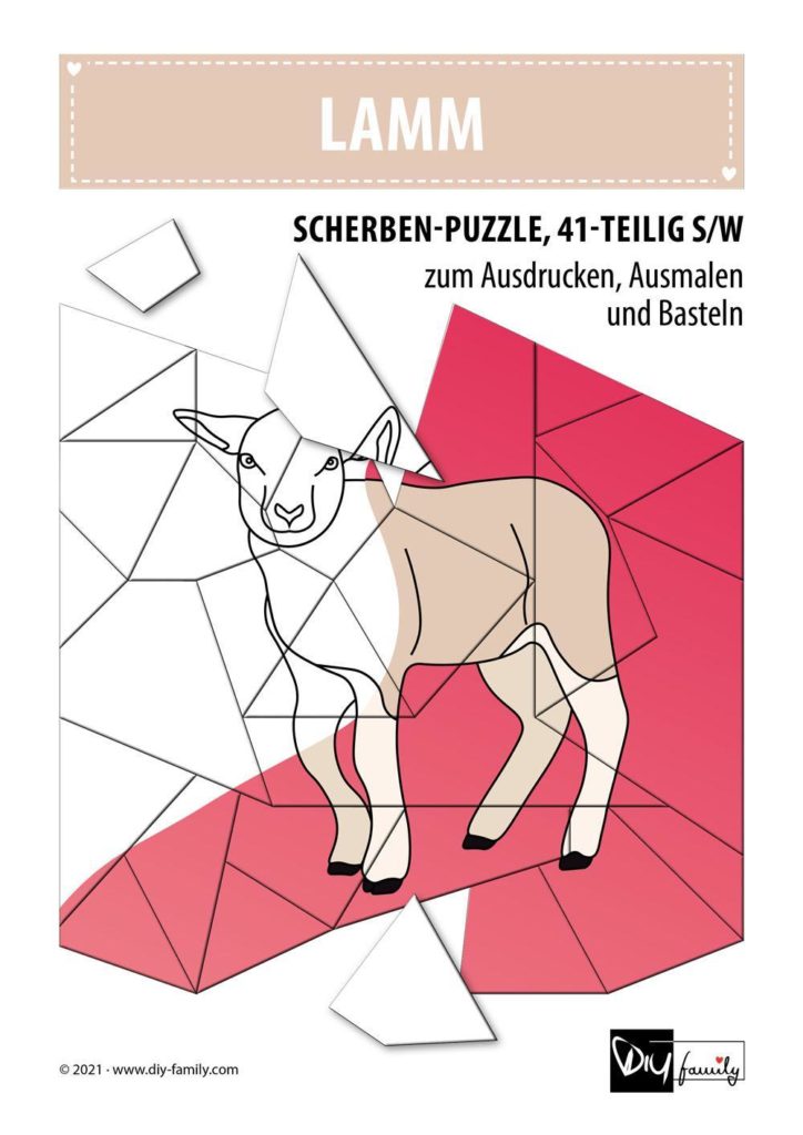 Lamm – Scherben-Puzzle zum Ausdrucken, Ausschneiden und Ausmalen