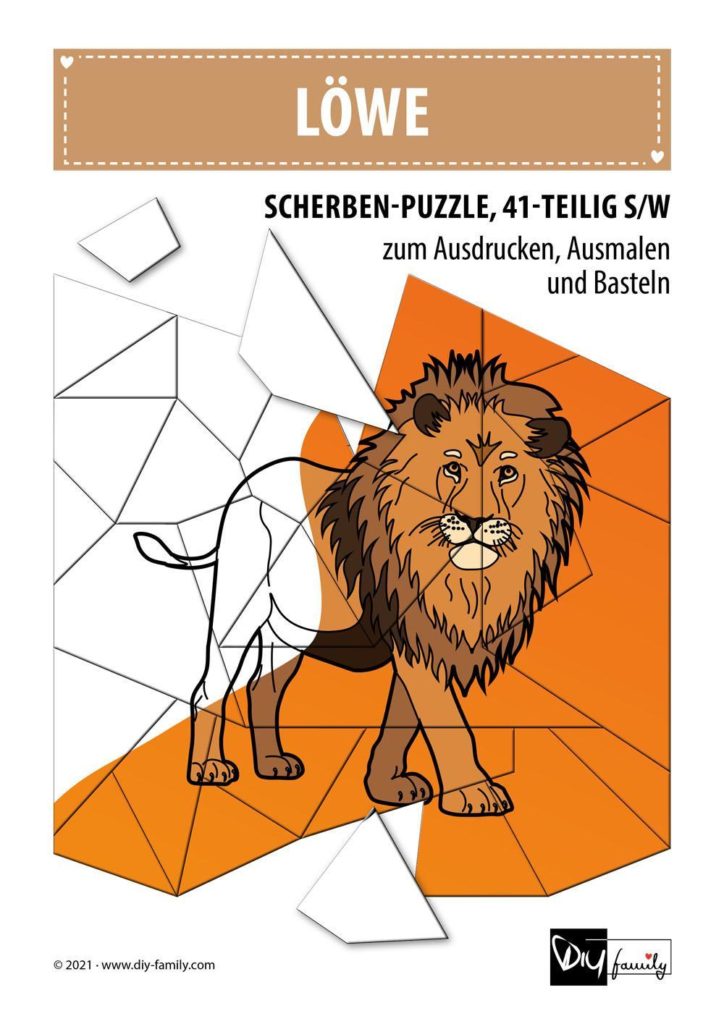 Löwe – Scherben-Puzzle zum Ausdrucken, Ausschneiden und Ausmalen