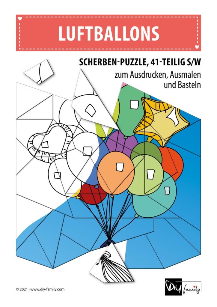 Luftballons – Scherben-Puzzle zum Ausdrucken, Ausschneiden und Ausmalen