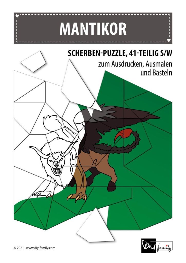 Mantikor – Scherben-Puzzle zum Ausdrucken, Ausschneiden und Ausmalen