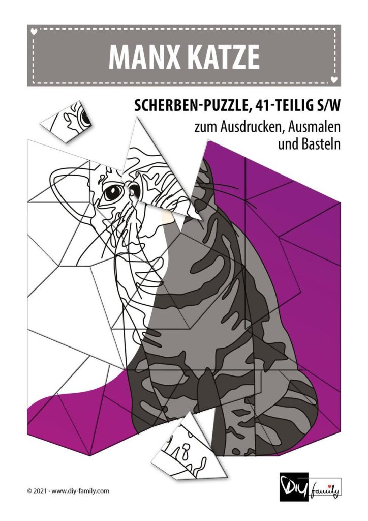 Manx Katze – Scherben-Puzzle zum Ausdrucken, Ausschneiden und Ausmalen