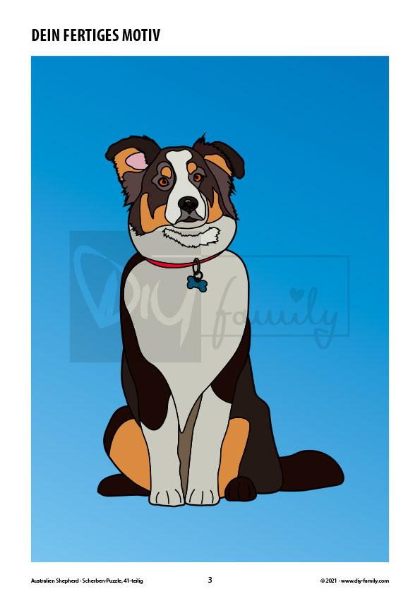 Australian Shepherd – Scherben-Puzzle zum Ausdrucken, Ausschneiden und Ausmalen