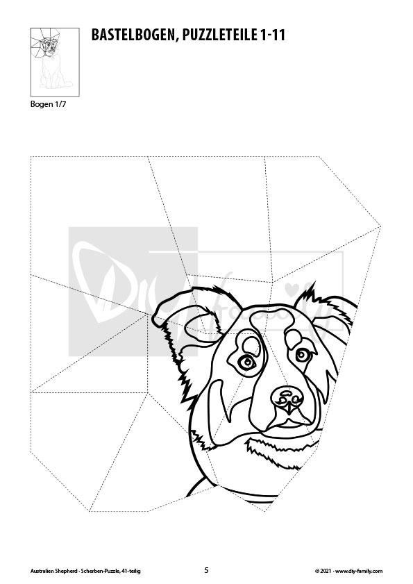 Australian Shepherd – Scherben-Puzzle zum Ausdrucken, Ausschneiden und Ausmalen