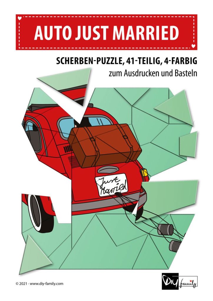 Auto Just Married – Scherben-Puzzle zum Ausdrucken und Ausschneiden