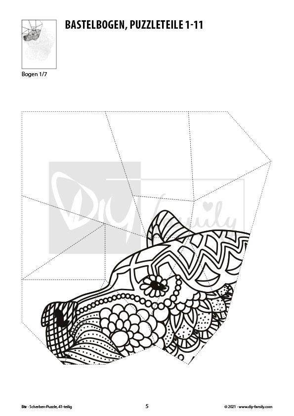 Bär – Scherben-Puzzle zum Ausdrucken, Ausschneiden und Ausmalen