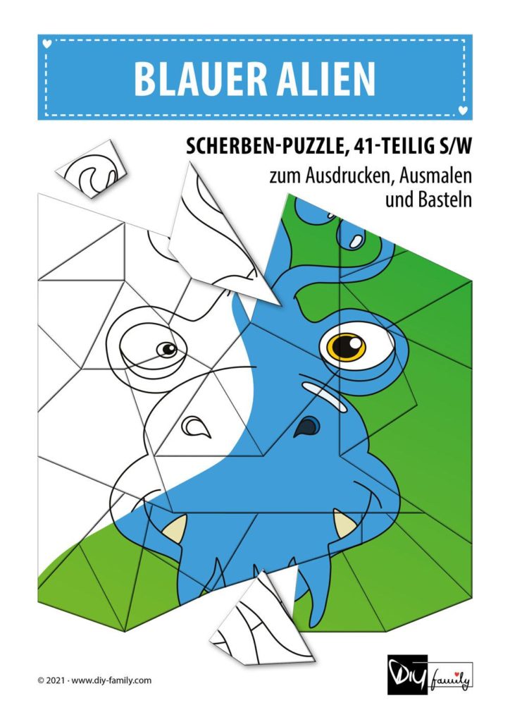 Blauer Alien – Scherben-Puzzle zum Ausdrucken, Ausschneiden und Ausmalen