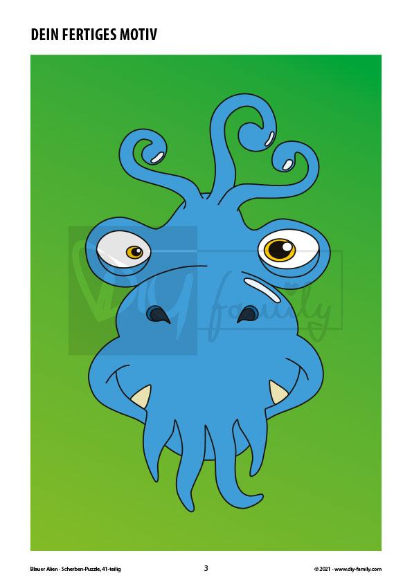 Blauer Alien – Scherben-Puzzle zum Ausdrucken, Ausschneiden und Ausmalen