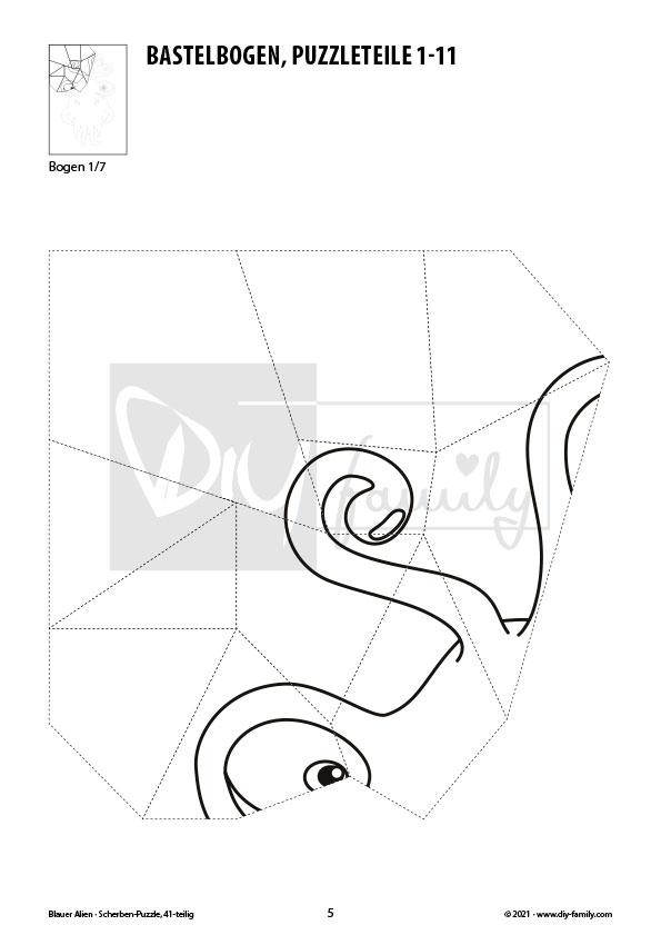 Blauer Alien – Scherben-Puzzle zum Ausdrucken, Ausschneiden und Ausmalen