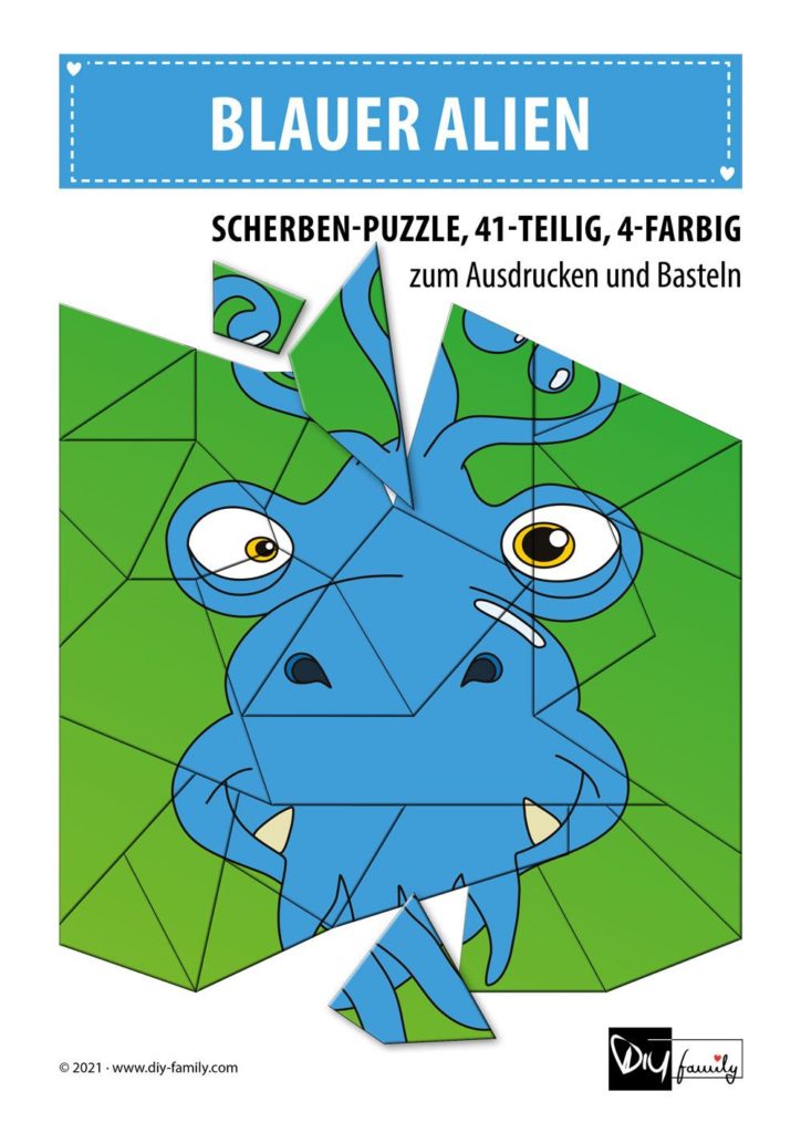 Blauer Alien – Scherben-Puzzle zum Ausdrucken und Ausschneiden