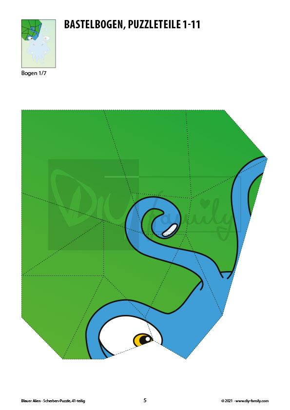 Blauer Alien – Scherben-Puzzle zum Ausdrucken und Ausschneiden