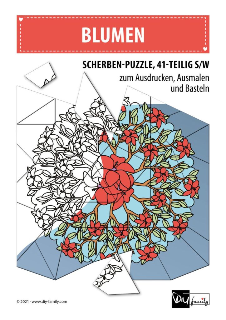 Blumen – Scherben-Puzzle zum Ausdrucken, Ausschneiden und Ausmalen