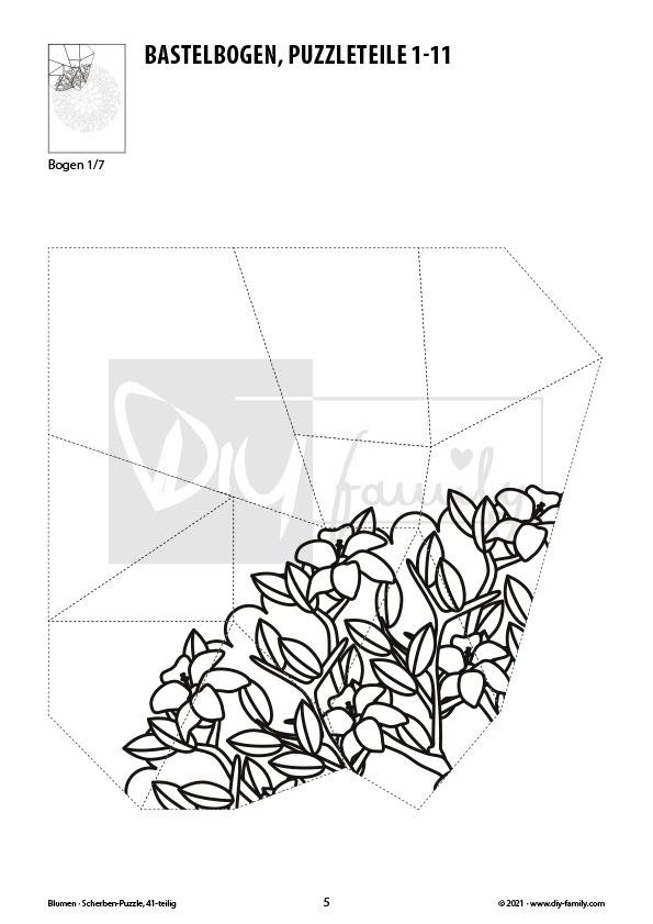 Blumen – Scherben-Puzzle zum Ausdrucken, Ausschneiden und Ausmalen
