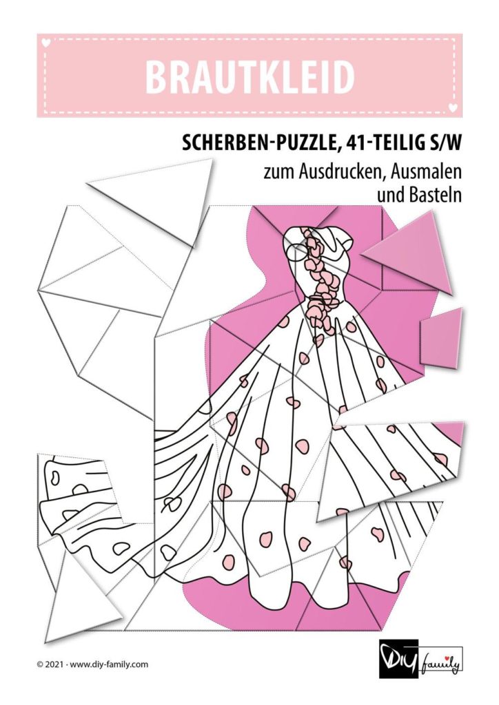Brautkleid – Scherben-Puzzle zum Ausdrucken, Ausschneiden und Ausmalen