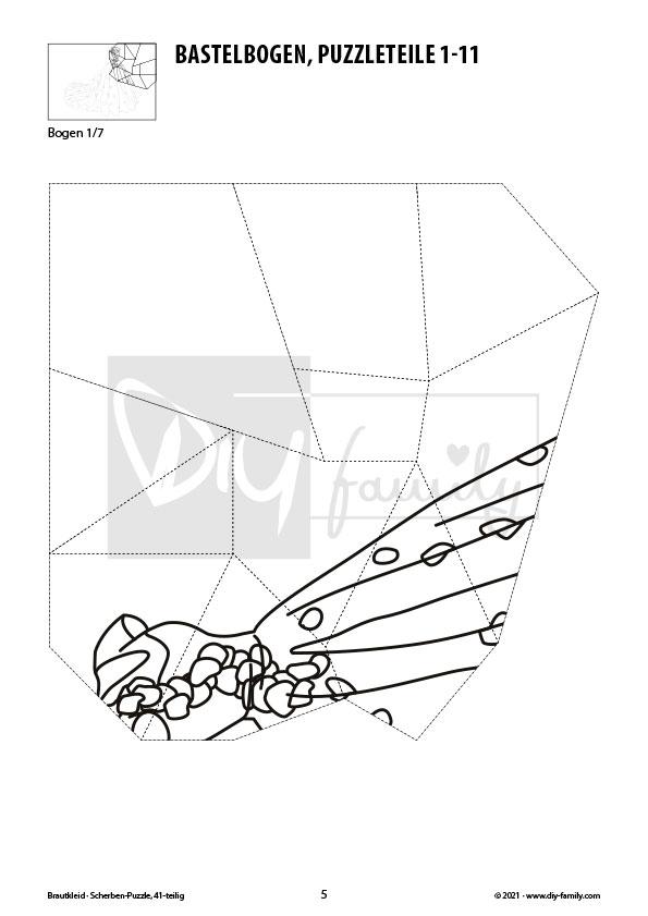 Brautkleid – Scherben-Puzzle zum Ausdrucken, Ausschneiden und Ausmalen