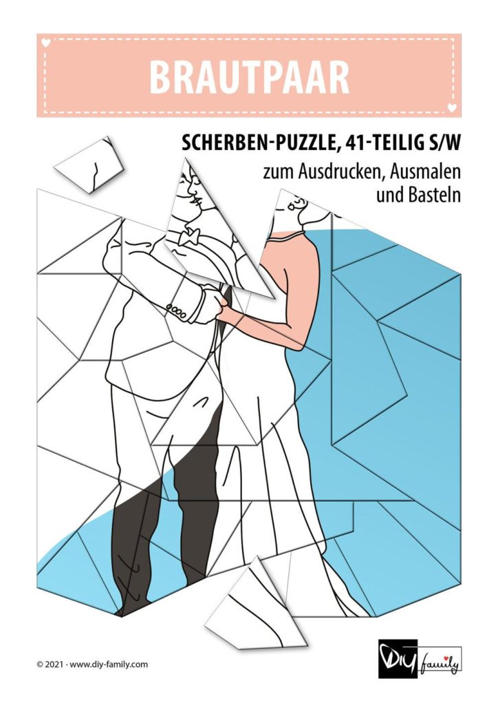 Brautpaar – Scherben-Puzzle zum Ausdrucken, Ausschneiden und Ausmalen