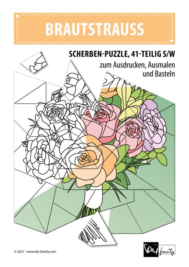 Brautstrauß – Scherben-Puzzle zum Ausdrucken, Ausschneiden und Ausmalen