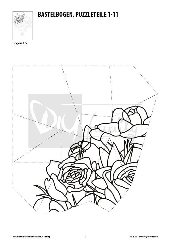 Brautstrauß – Scherben-Puzzle zum Ausdrucken, Ausschneiden und Ausmalen