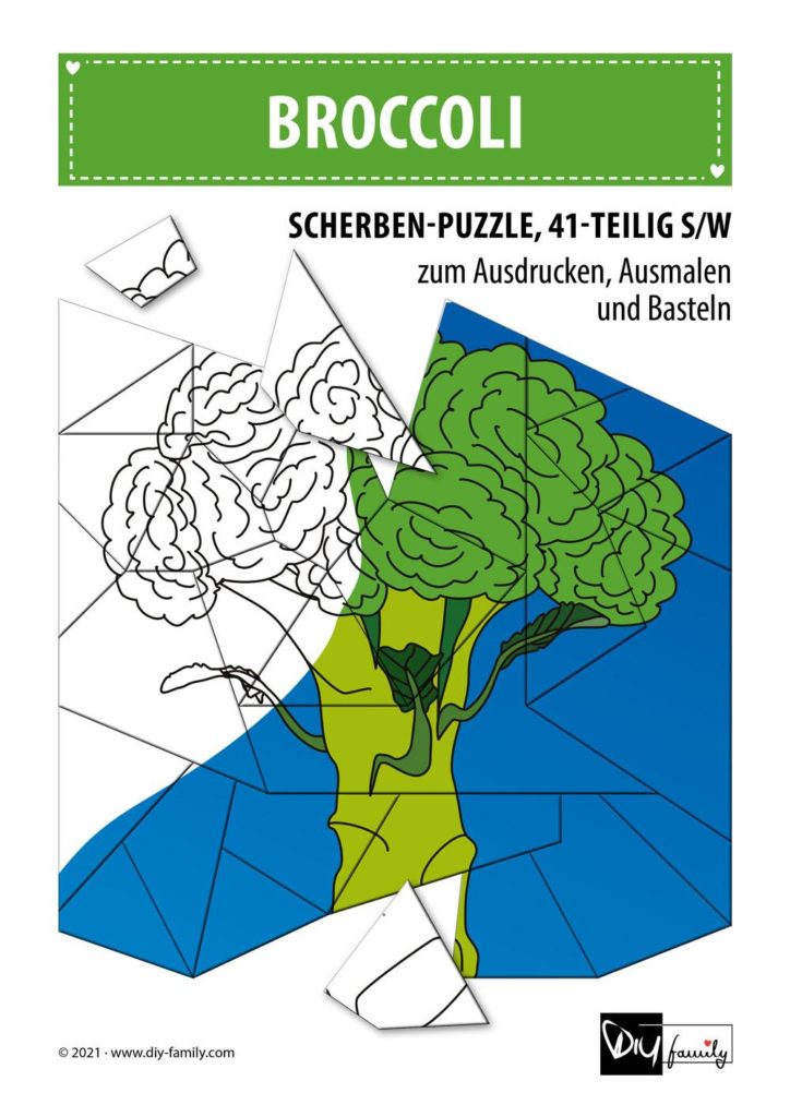 Broccoli – Scherben-Puzzle zum Ausdrucken, Ausschneiden und Ausmalen