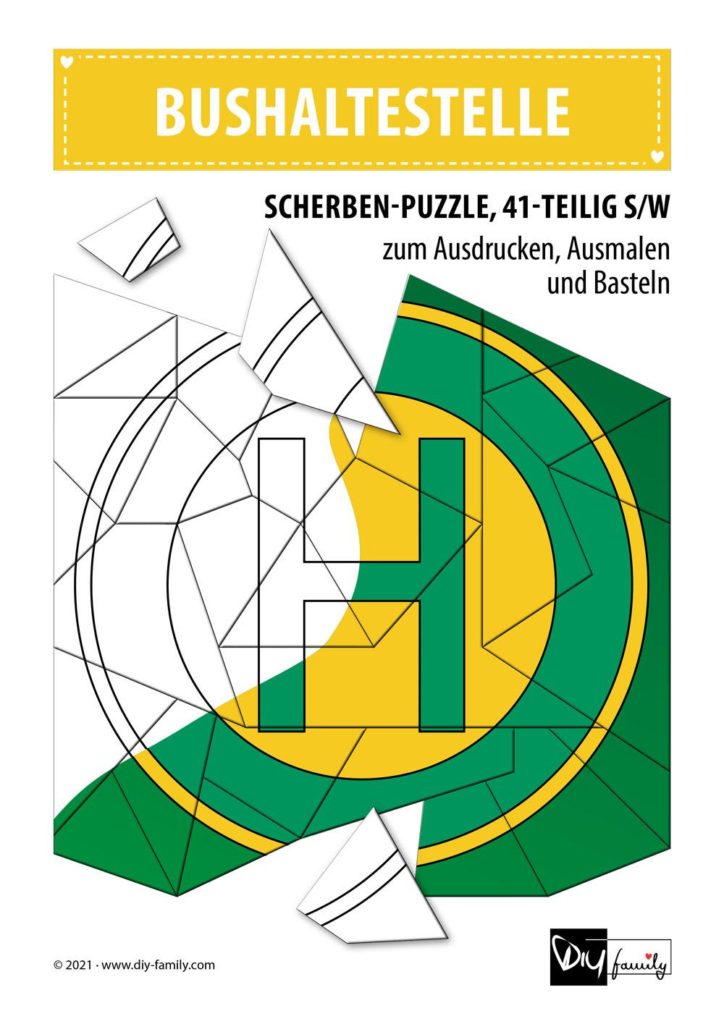 Bushaltestelle – Scherben-Puzzle zum Ausdrucken, Ausschneiden und Ausmalen