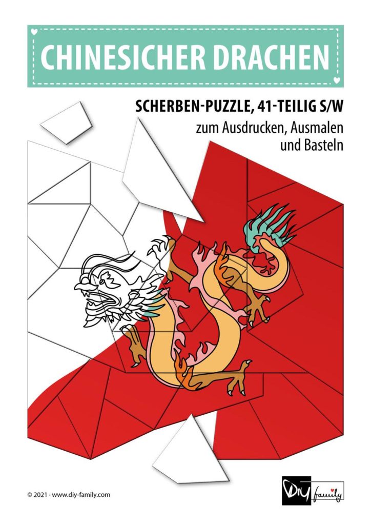 Chinesischer Drache – Scherben-Puzzle zum Ausdrucken, Ausschneiden und Ausmalen