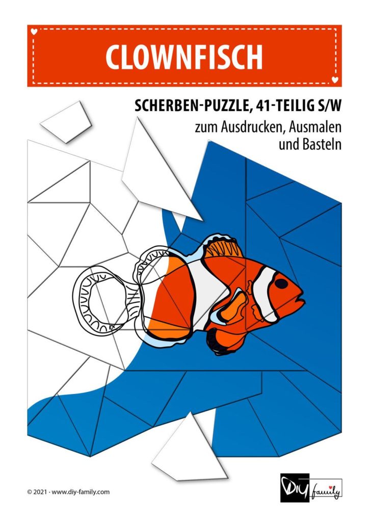 Clownfisch – Scherben-Puzzle zum Ausdrucken, Ausschneiden und Ausmalen