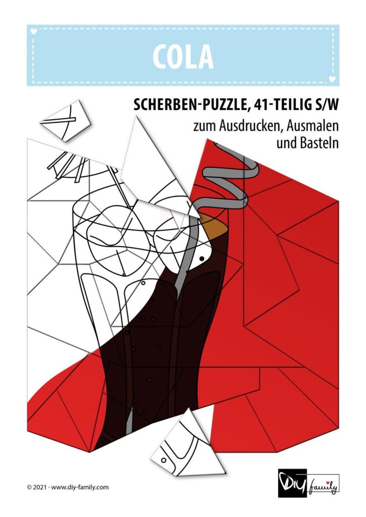 Cola – Scherben-Puzzle zum Ausdrucken, Ausschneiden und Ausmalen