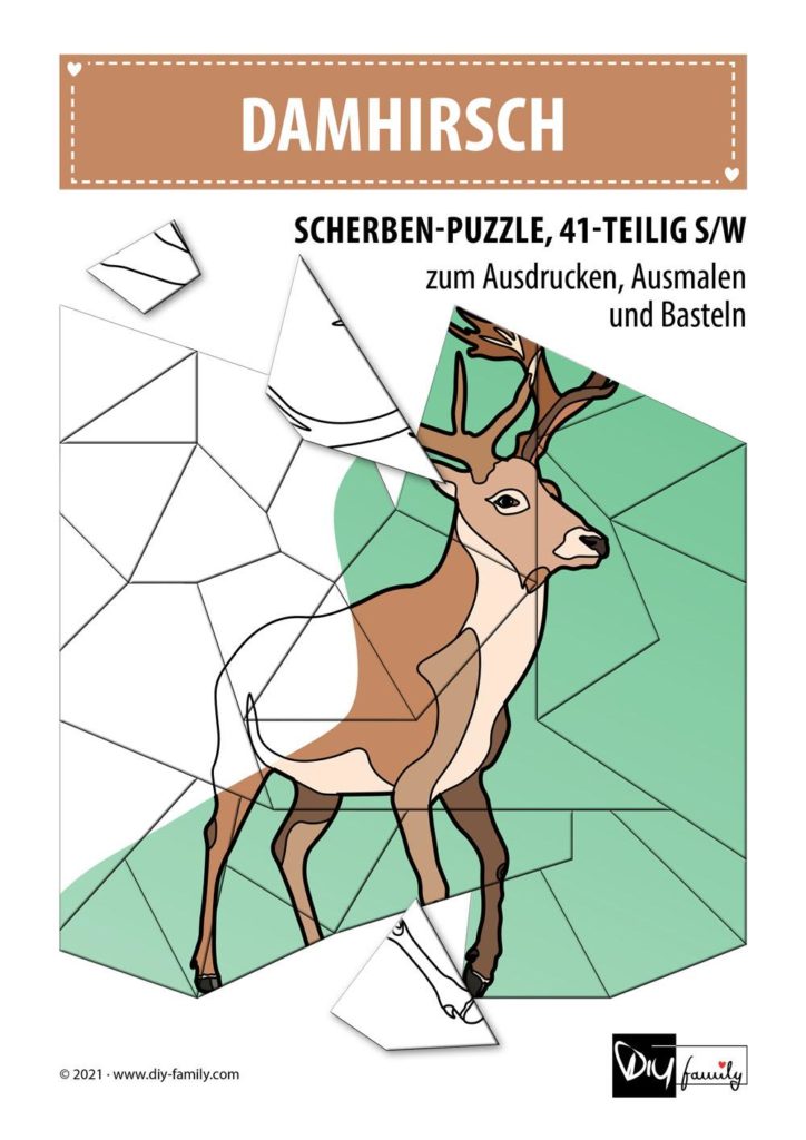 Dammhirsch – Scherben-Puzzle zum Ausdrucken, Ausschneiden und Ausmalen