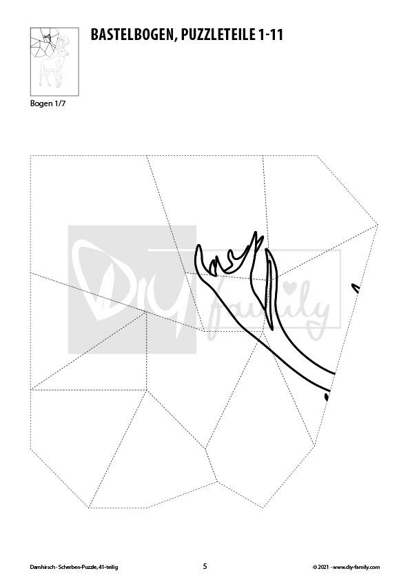 Dammhirsch – Scherben-Puzzle zum Ausdrucken, Ausschneiden und Ausmalen
