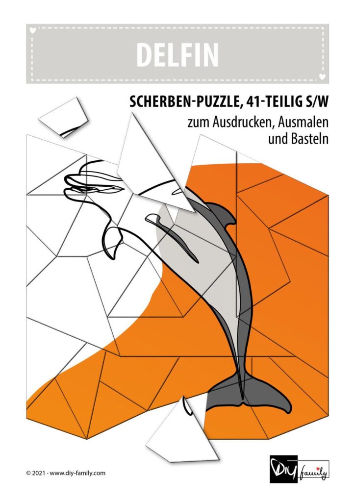 Delfin – Scherben-Puzzle zum Ausdrucken, Ausschneiden und Ausmalen